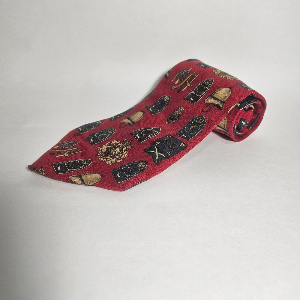 Tommy Hilfiger Mens Red Italian Silk Crest Pith Helmet Heraldic Necktie